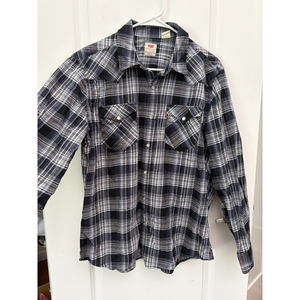 Levi's Western Pearl Snap Shirt Mens L Blue Grey Plaid Pockets Cowboy Americana